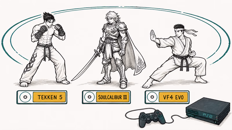 Hand-drawn lineup of three classic PS2 3D fighters with labeled discs and console.