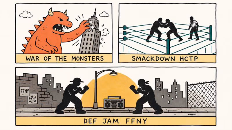 Hand-drawn three-panel collage of PS2 kaiju, wrestling, and street brawler games with labels.