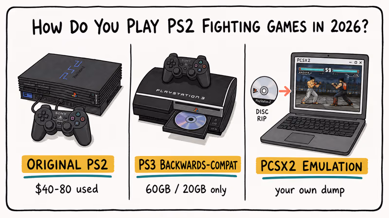 Hand-drawn comparison of three PS2 playback paths showing console, PS3, and PCSX2 with notes.