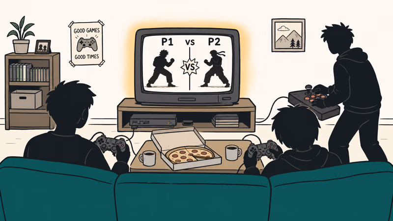 Living room scene with players, controllers, arcade stick, and CRT fighter screen.