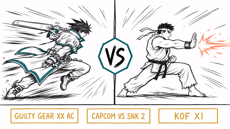Hand-drawn 2D sprite fighter versus screen with three labeled PS2 anime fighter discs below.