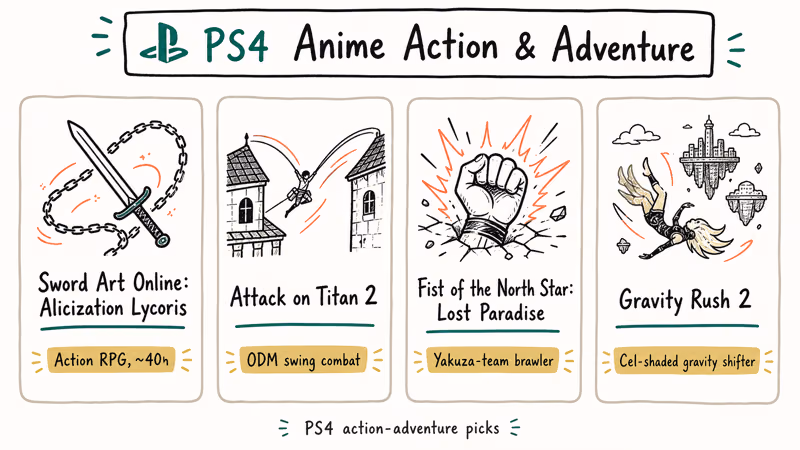 Lineup of PS4 anime action games with signature mechanic icons.