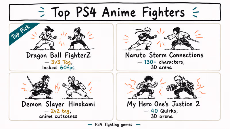 Two by two grid of PS4 anime fighters with roster and match formats.