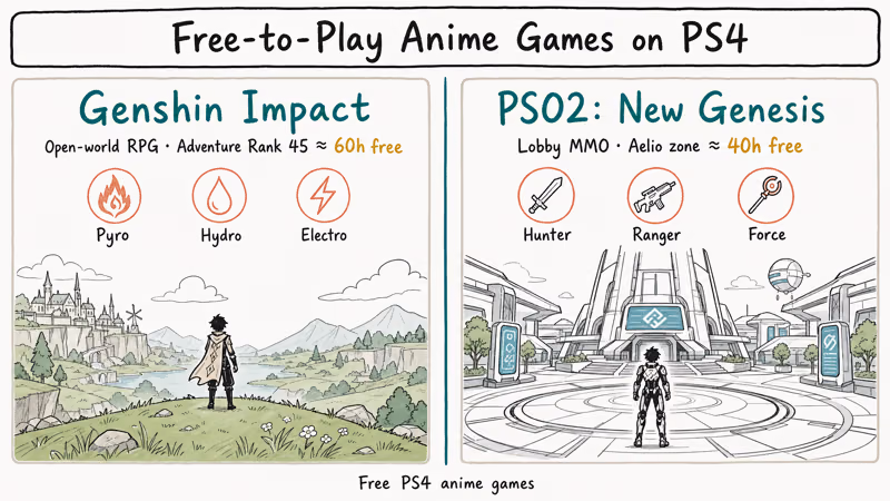 Split panel comparing Genshin Impact and PSO2 New Genesis as free anime games.