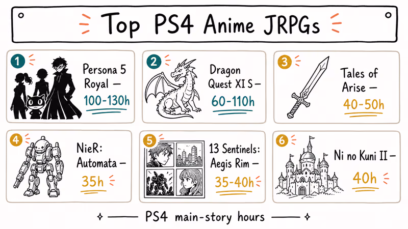 Hand-drawn ranking of six PS4 anime JRPGs with main story playtime ranges in hours.