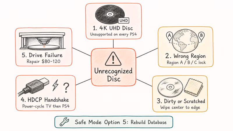 Diagnostic wheel showing five common reasons a PS4 returns the unrecognized disc error message
