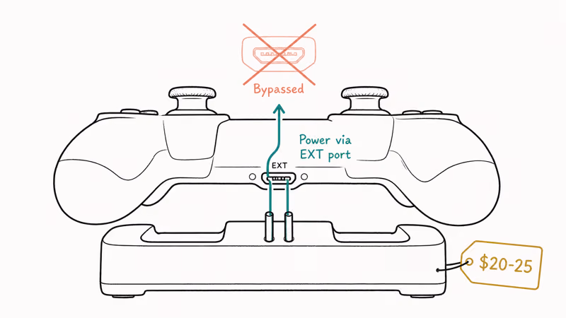 DualShock 4 charging dock diagram showing EXT port power bypassing micro USB.