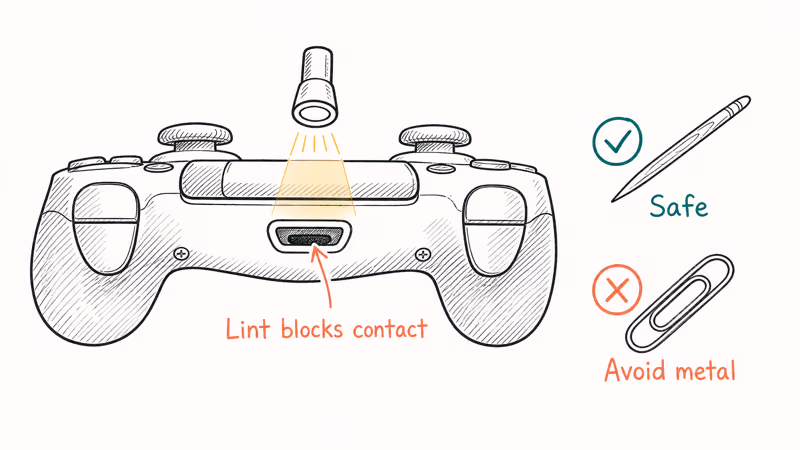 DualShock 4 micro USB socket inspection with lint, toothpick safe, metal unsafe.