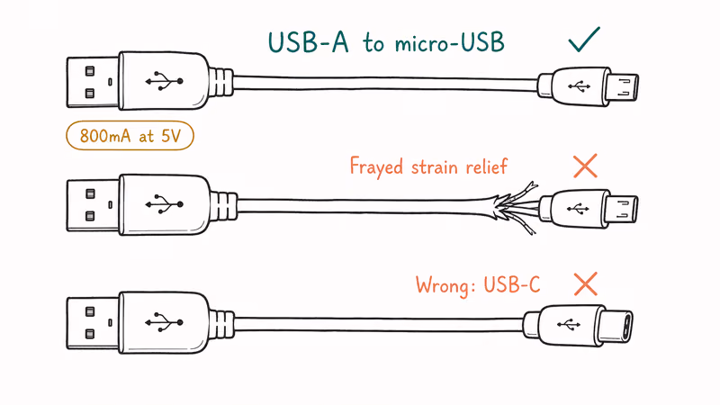 Cable comparison showing healthy micro-USB, frayed strain relief, and wrong USB-C connector.