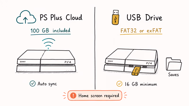 Comparison of PS Plus cloud save backup and FAT32 USB drive backup options for PS4.