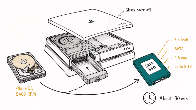 PS4 hard drive caddy swap replacing stock HDD with SATA SSD.