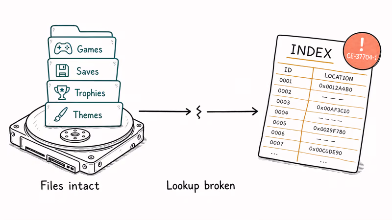 Diagram comparing intact PS4 game files with a broken database index causing error CE-37704-1.