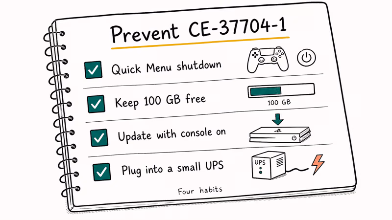 Hand drawn checklist of four PS4 habits that prevent database corruption error CE-37704-1.