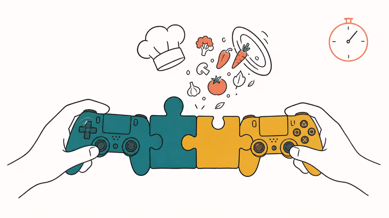 Two hands holding controllers connecting puzzle pieces with chef hat and plate showing co-op gaming