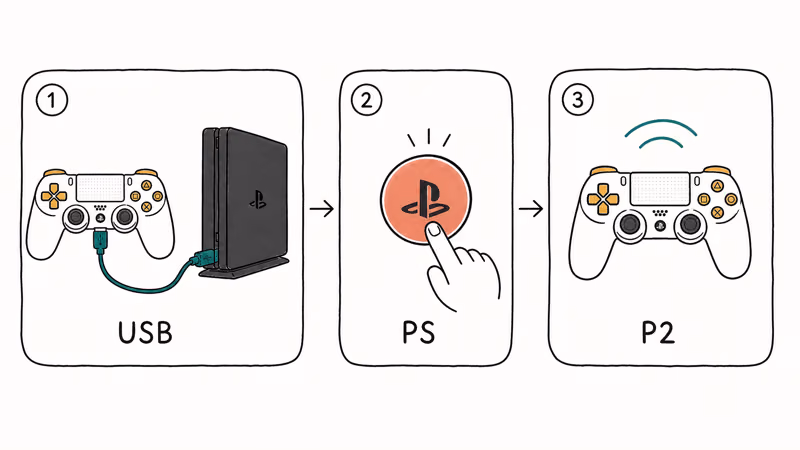 Three-step diagram showing DualShock 4 USB connection, PS button press, and wireless second player pairing