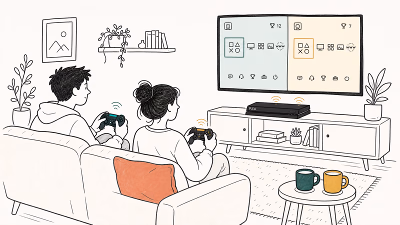 Couple on couch with two DualShock controllers playing PS4 split screen on living room TV