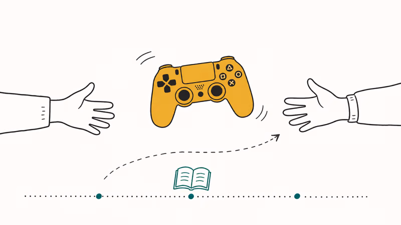 DualShock controller passing between two hands above book icon showing chapter handoff in story games