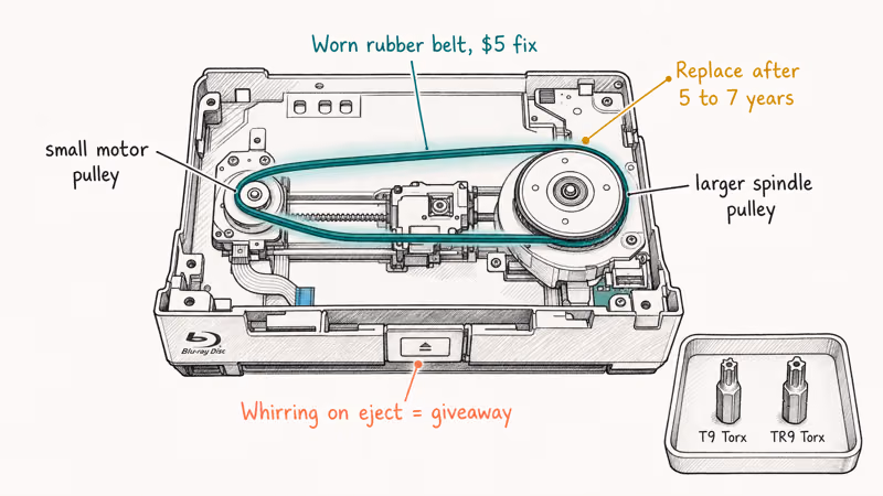 Cutaway of launch CUH 1001A Blu-ray drive showing rubber belt around motor pulley.