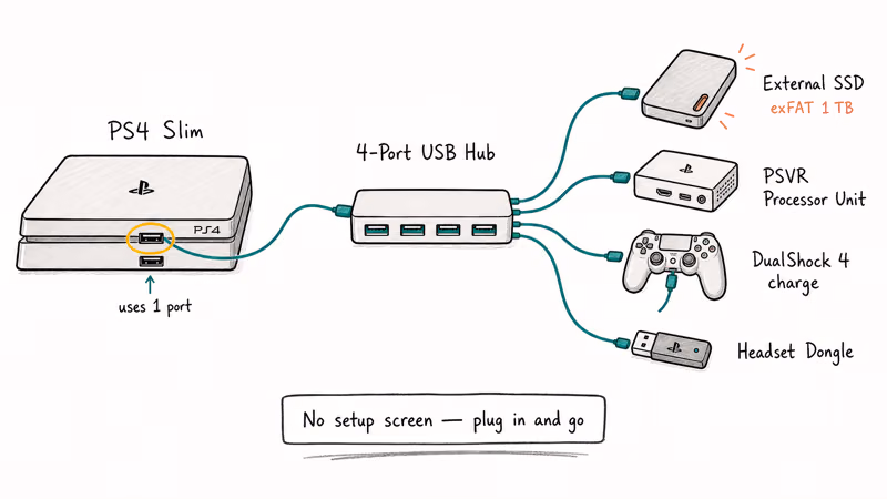 Wiring diagram showing PS4 console connected through one hub to SSD PSVR controller and dongle.