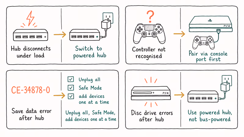 Troubleshooting grid showing four common PS4 hub problems matched with their fixes and solutions.