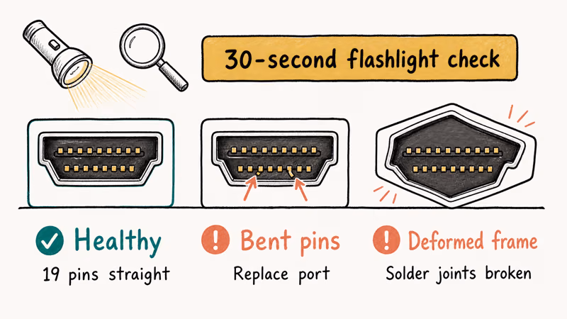 Three HDMI port close-ups comparing healthy pins, bent pins, and a deformed shroud frame