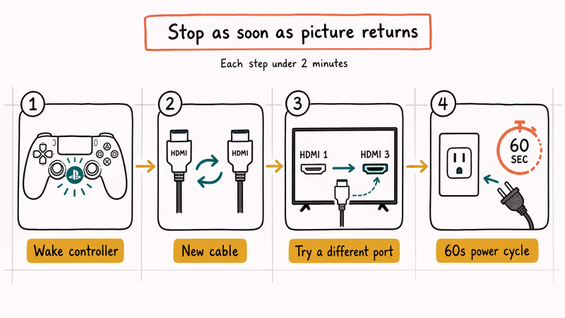 Four-step troubleshooting flow showing wake, cable swap, TV port change, and sixty-second power cycle