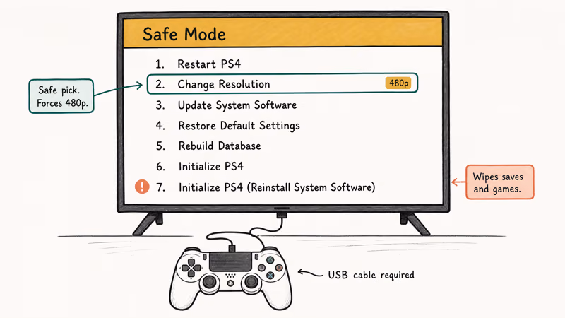 PS4 Safe Mode menu highlighting Change Resolution and warning that Initialize wipes data