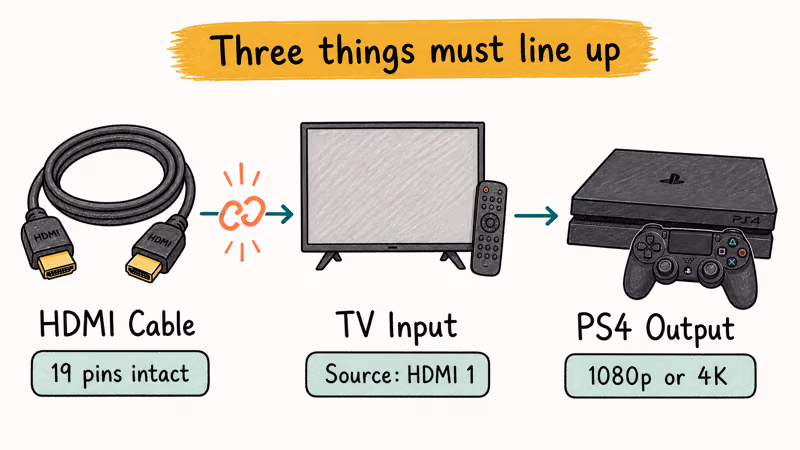 Diagram showing HDMI cable TV input and PS4 output chain producing a picture