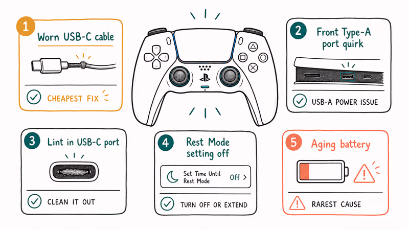 Overview illustration of common PS5 DualSense charging failure causes like worn cables and dirty ports