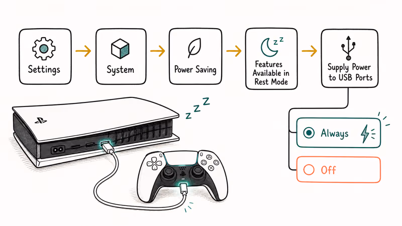 PS5 Rest Mode menu showing Supply Power to USB Ports set to Always for charging