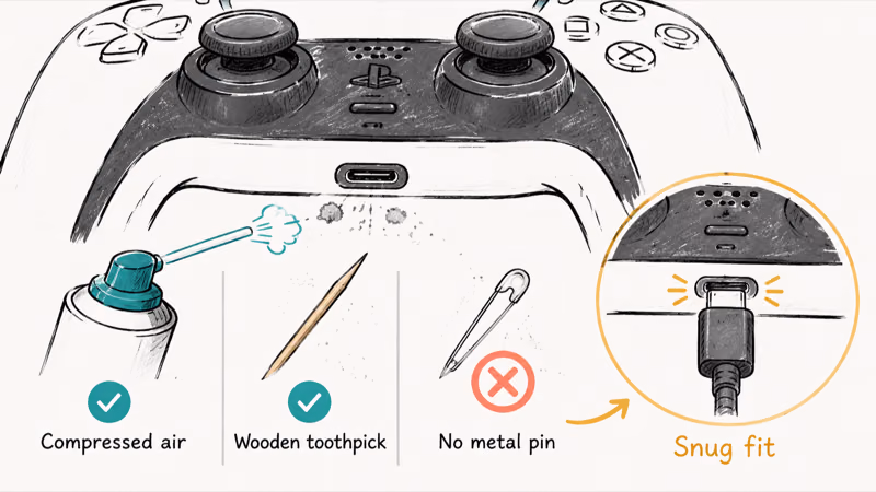 Cleaning a DualSense USB-C port with compressed air and a wooden toothpick safely