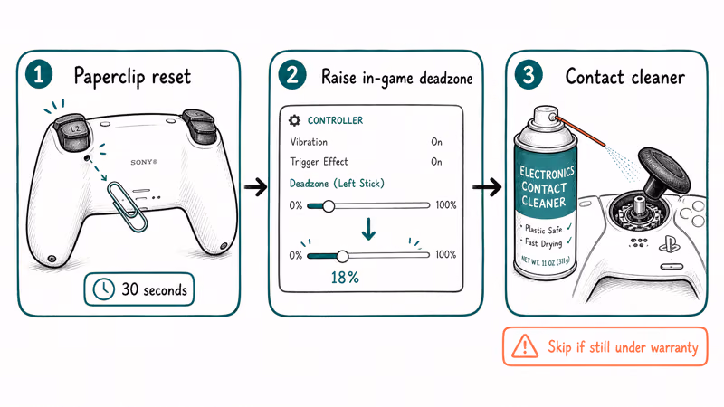 Three no-open DualSense drift fixes including paperclip reset, deadzone, and contact cleaner