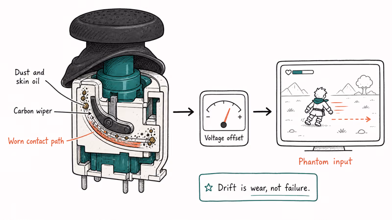 Cutaway diagram of a worn DualSense potentiometer stick causing controller drift