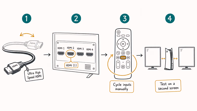 Four HDMI troubleshooting steps drawn as a ladder covering cable, port, input cycling, and second screen