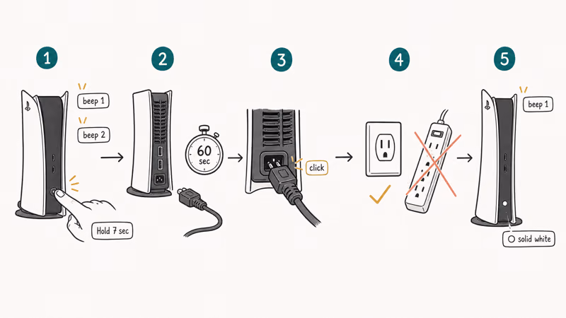 Five hand drawn steps showing the seven second hold, sixty second drain, and outlet swap reset