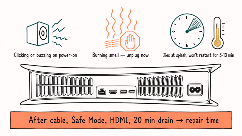 Three hardware failure signs on a PS5 — clicking buzzing, burning smell, thermal lockout — with a repair cutoff bar