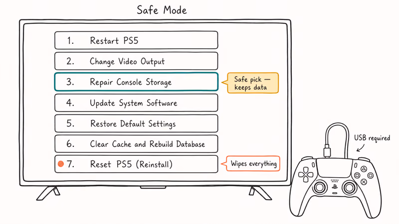 PS5 Safe Mode menu sketch with all seven options and Repair Console Storage highlighted as the safe pick