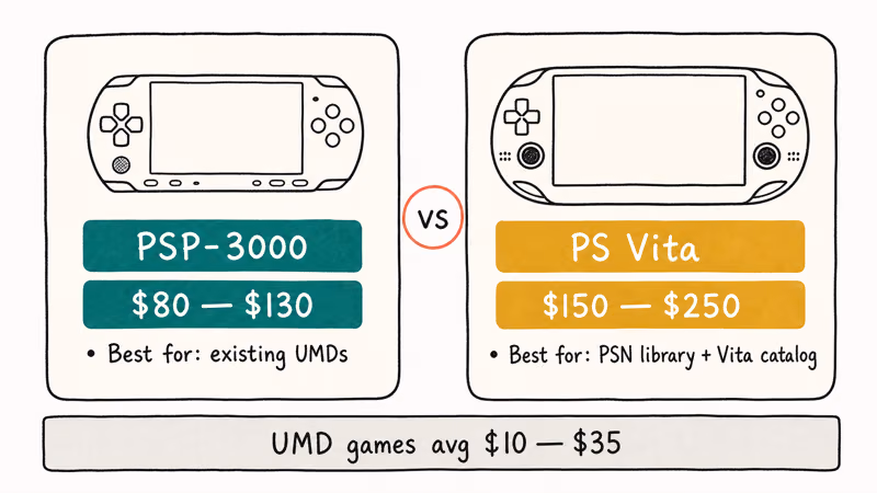 Buyer comparison showing PSP-3000 and PS Vita price ranges in 2026