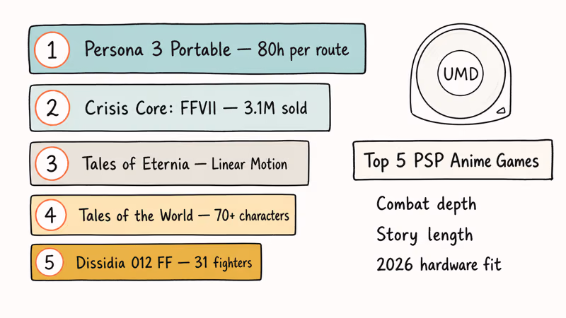 Tier ranking of five PSP anime games with story hours and roster sizes