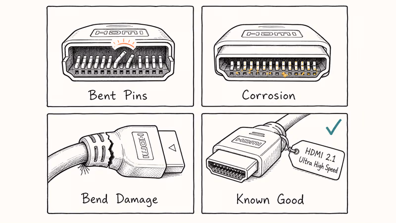 Four panel hand-drawn checklist of HDMI cable damage signs including bent pins and bend damage