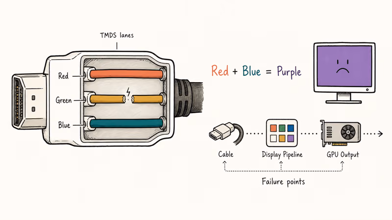 Hand-drawn HDMI cable diagram showing a broken green TMDS lane producing a purple monitor tint