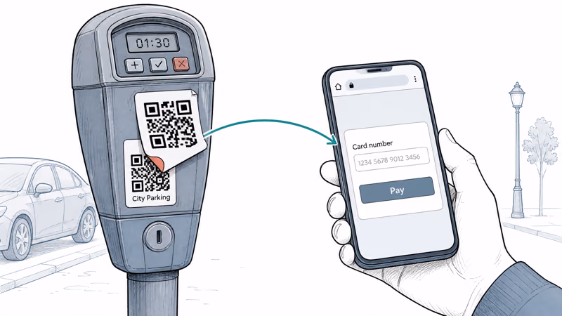 Illustration of a fake QR sticker placed over a real parking meter code