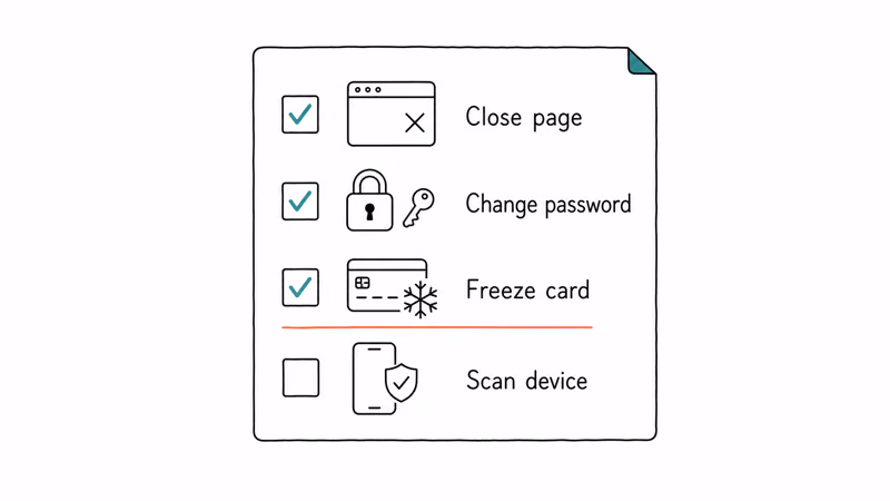 Step-by-step recovery actions after scanning a malicious QR code including password and card freezes