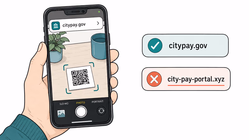 Phone screen showing a QR code URL preview banner with safe and unsafe domain examples