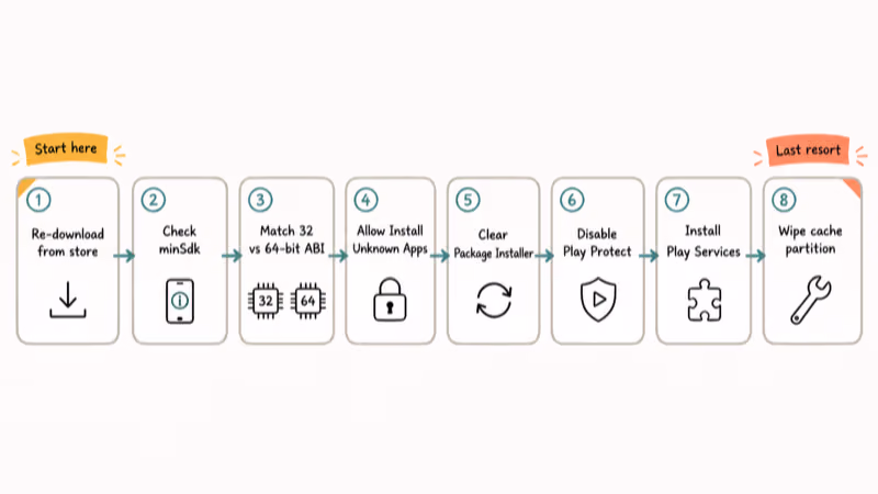 Flowchart of eight ordered methods to fix Android parse error during APK install