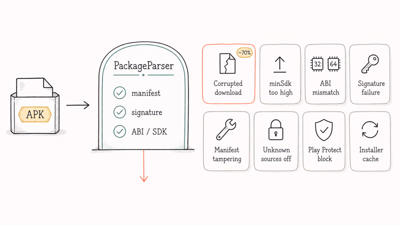 Diagram showing eight causes that make Android parse error during APK install