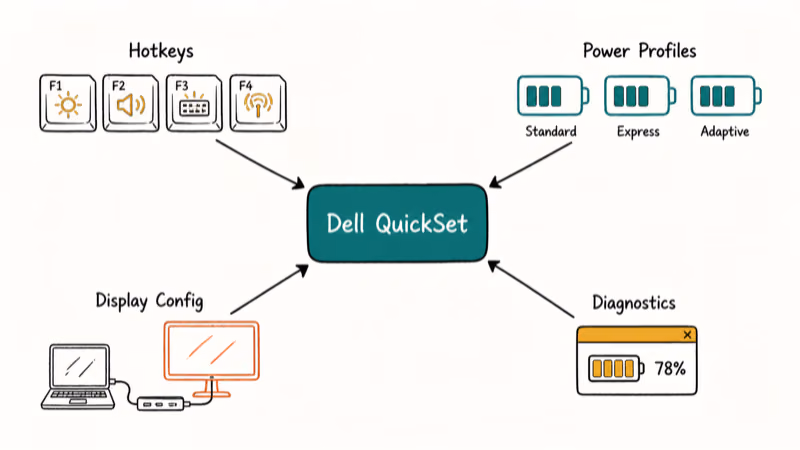 Hand-drawn diagram showing Dell QuickSet linking hotkeys, power profiles, display config, and diagnostics surfaces.