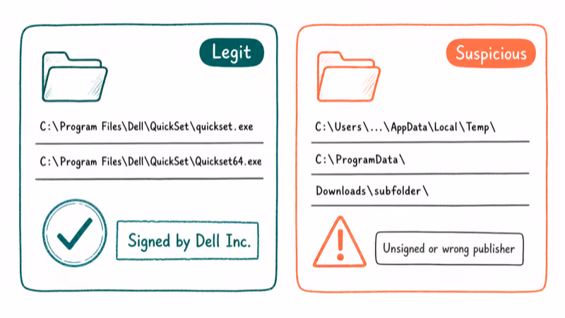 Two folder cards comparing legitimate Dell QuickSet install path against suspicious lookalike folder locations.