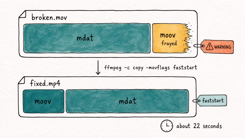 Before and after diagram showing ffmpeg remuxing broken MOV into clean MP4.