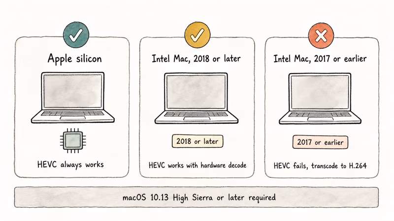 Hand-drawn compatibility chart showing HEVC support across Apple silicon and Intel Macs from 2017 onward.